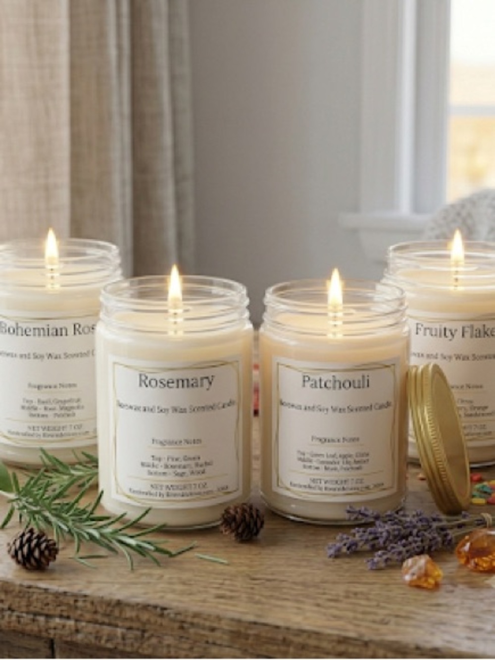 Scented Beeswax & Soy Jar Candles - Rosemary & Patchouli bohemian Rose & Fruity